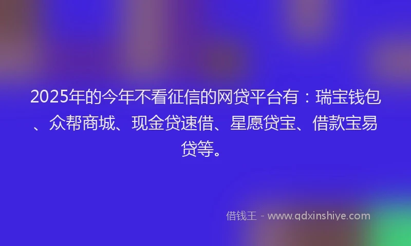 2025年的今年不看征信的网贷平台有：瑞宝钱包、众帮商城、现金贷速借、星愿贷宝、借款宝易贷等。