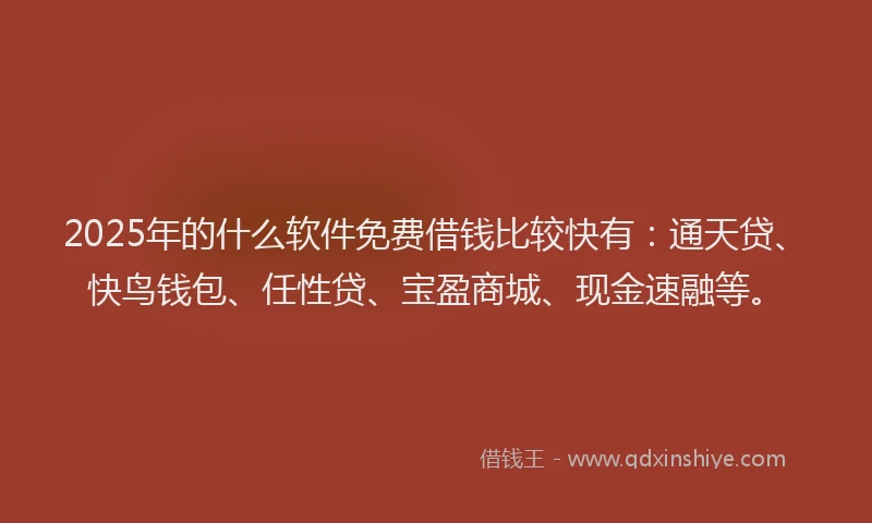 2025年的什么软件免费借钱比较快有：通天贷、快鸟钱包、任性贷、宝盈商城、现金速融等。