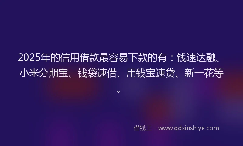 2025年的信用借款最容易下款的有：钱速达融、小米分期宝、钱袋速借、用钱宝速贷、新一花等。