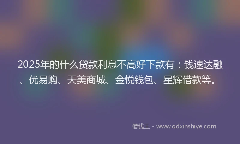 2025年的什么贷款利息不高好下款有：钱速达融、优易购、天美商城、金悦钱包、星辉借款等。
