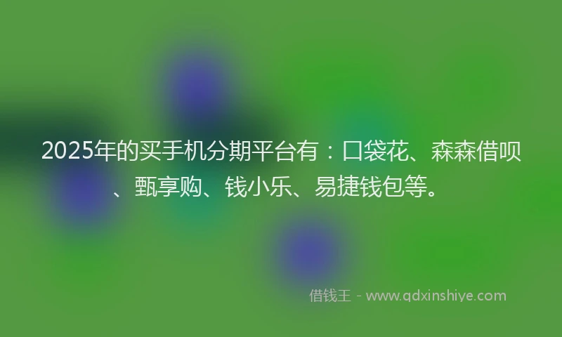 2025年的买手机分期平台有：口袋花、森森借呗、甄享购、钱小乐、易捷钱包等。