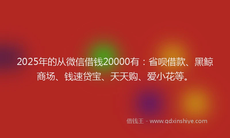 2025年的从微信借钱20000有：省呗借款、黑鲸商场、钱速贷宝、天天购、爱小花等。