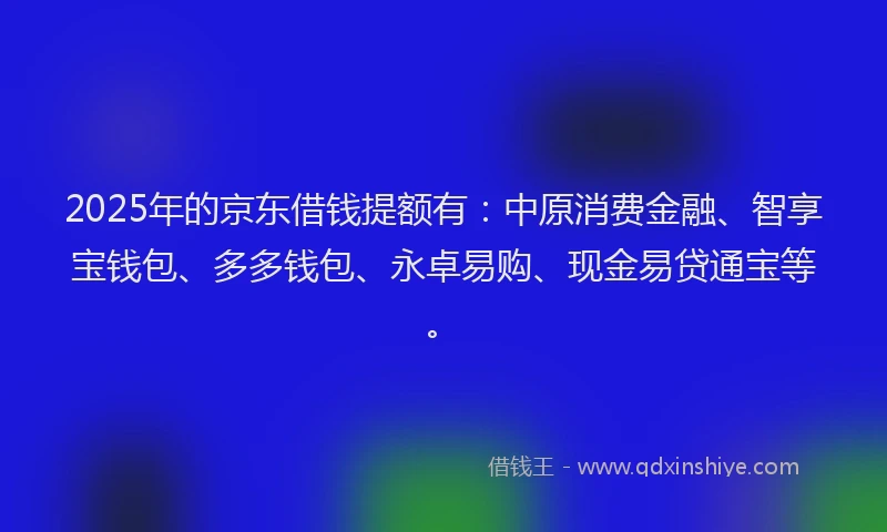 2025年的京东借钱提额有：中原消费金融、智享宝钱包、多多钱包、永卓易购、现金易贷通宝等。