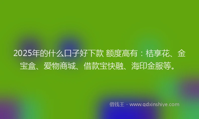 2025年的什么口子好下款 额度高有：桔享花、金宝盒、爱物商城、借款宝快融、海印金服等。