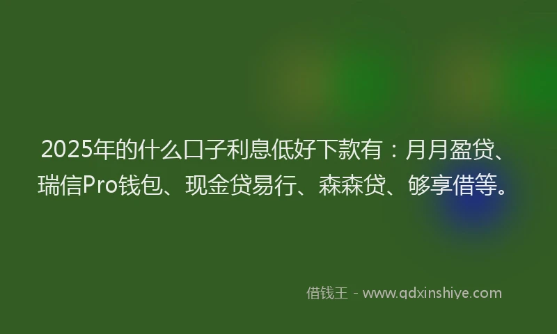 2025年的什么口子利息低好下款有：月月盈贷、瑞信Pro钱包、现金贷易行、森森贷、够享借等。