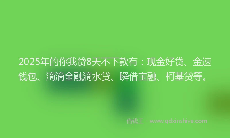 2025年的你我贷8天不下款有：现金好贷、金速钱包、滴滴金融滴水贷、瞬借宝融、柯基贷等。