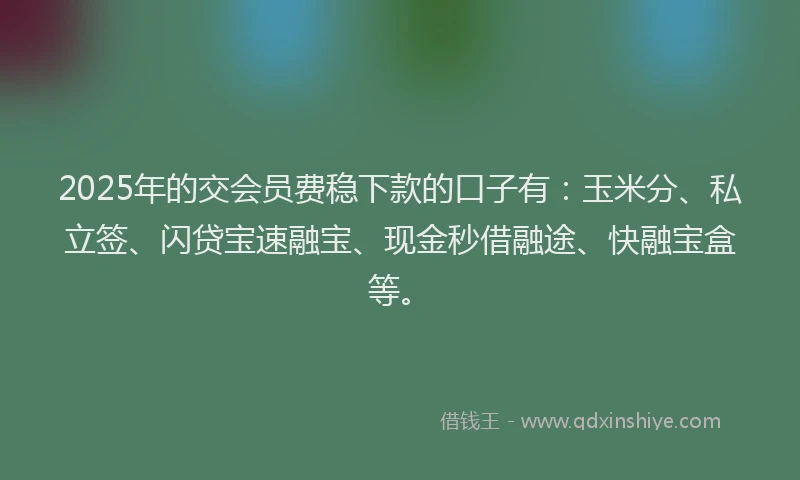 2025年的交会员费稳下款的口子有：玉米分、私立签、闪贷宝速融宝、现金秒借融途、快融宝盒等。