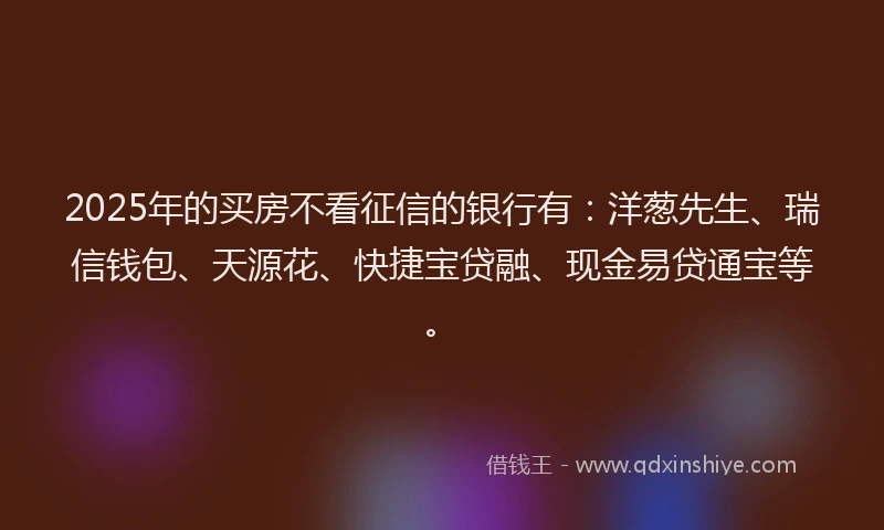 2025年的买房不看征信的银行有：洋葱先生、瑞信钱包、天源花、快捷宝贷融、现金易贷通宝等。