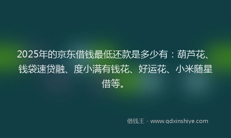 2025年的京东借钱最低还款是多少有:葫芦花、钱袋速贷融、度小满有钱花、好运花、小米随星借等。