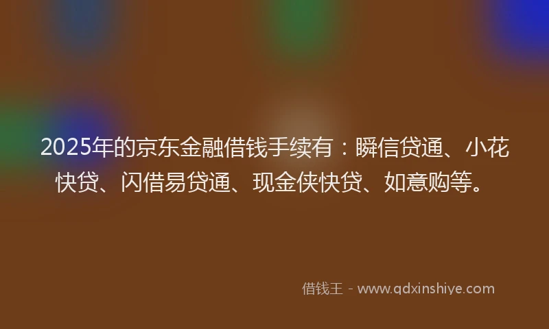 2025年的京东金融借钱手续有:瞬信贷通、小花快贷、闪借易贷通、现金侠快贷、如意购等。