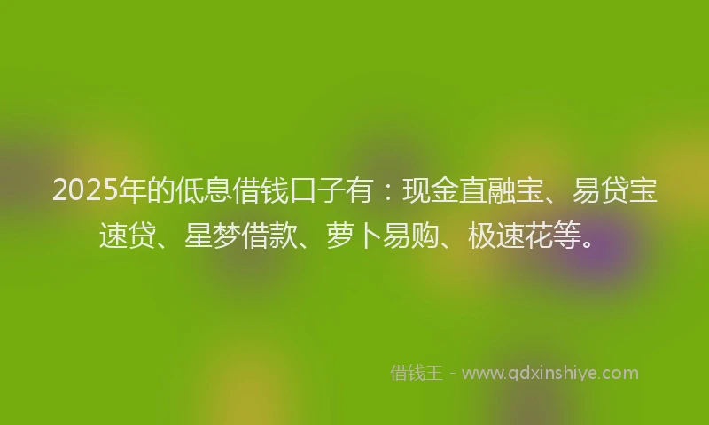 2025年的低息借钱口子有：现金直融宝、易贷宝速贷、星梦借款、萝卜易购、极速花等。