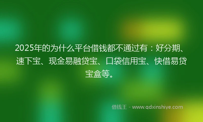 2025年的为什么平台借钱都不通过有：好分期、速下宝、现金易融贷宝、口袋信用宝、快借易贷宝盒等。