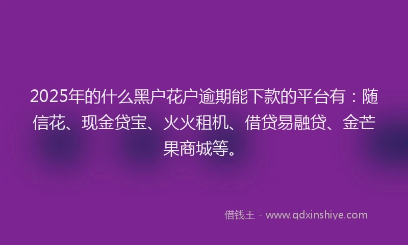2025年的什么黑户花户逾期能下款的平台有：随信花、现金贷宝、火火租机、借贷易融贷、金芒果商城等。