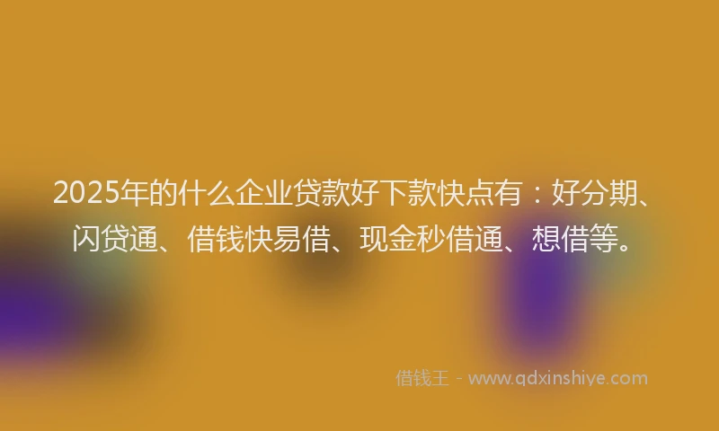 2025年的什么企业贷款好下款快点有：好分期、闪贷通、借钱快易借、现金秒借通、想借等。