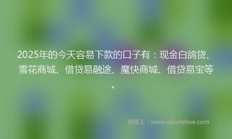 2025年的今天容易下款的口子有：现金白鸽贷、雪花商城、借贷易融途、魔快商城、借贷易宝等。