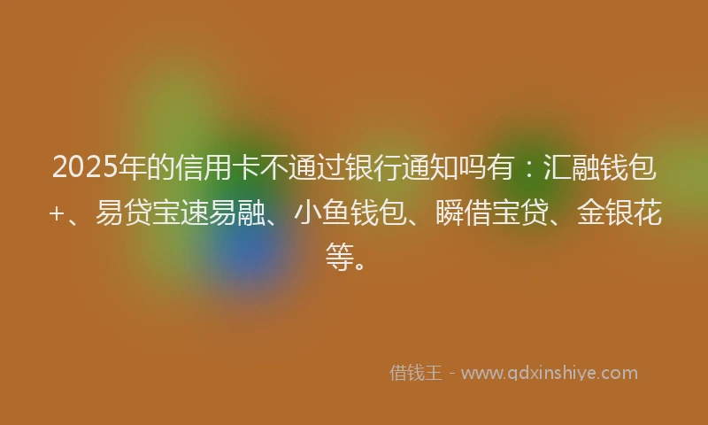 2025年的信用卡不通过银行通知吗有：汇融钱包+、易贷宝速易融、小鱼钱包、瞬借宝贷、金银花等。