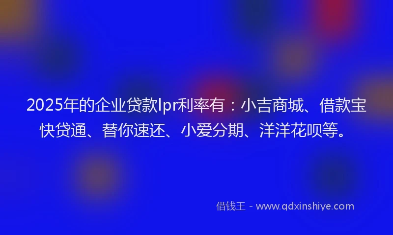 2025年的企业贷款lpr利率有:小吉商城、借款宝快贷通、替你速还、小爱分期、洋洋花呗等。