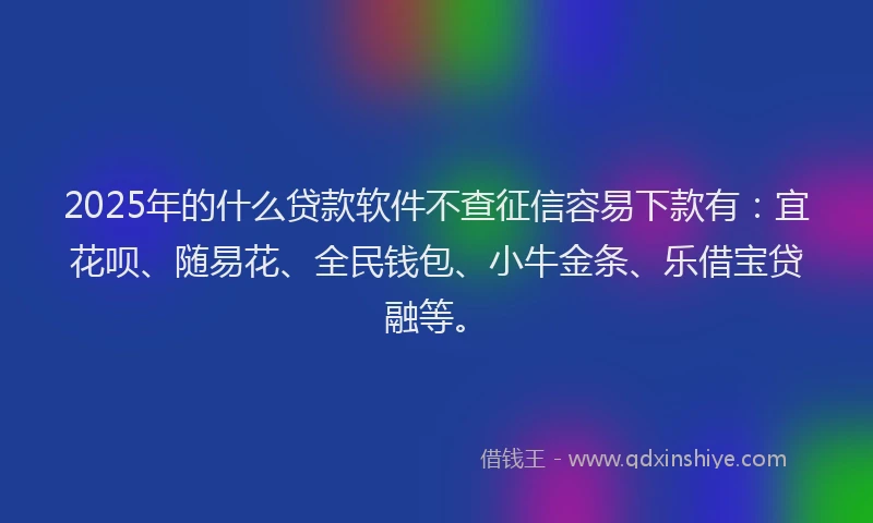 2025年的什么贷款软件不查征信容易下款有：宜花呗、随易花、全民钱包、小牛金条、乐借宝贷融等。