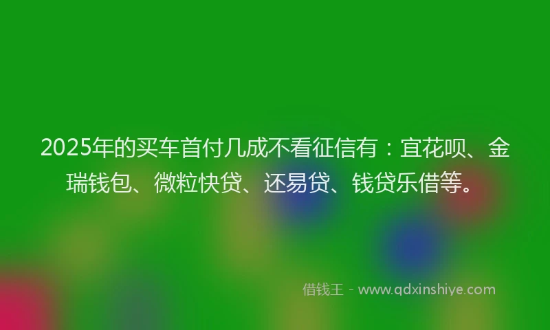 2025年的买车首付几成不看征信有：宜花呗、金瑞钱包、微粒快贷、还易贷、钱贷乐借等。