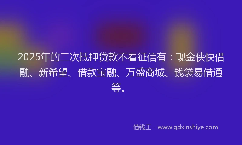 2025年的二次抵押贷款不看征信有：现金侠快借融、新希望、借款宝融、万盛商城、钱袋易借通等。
