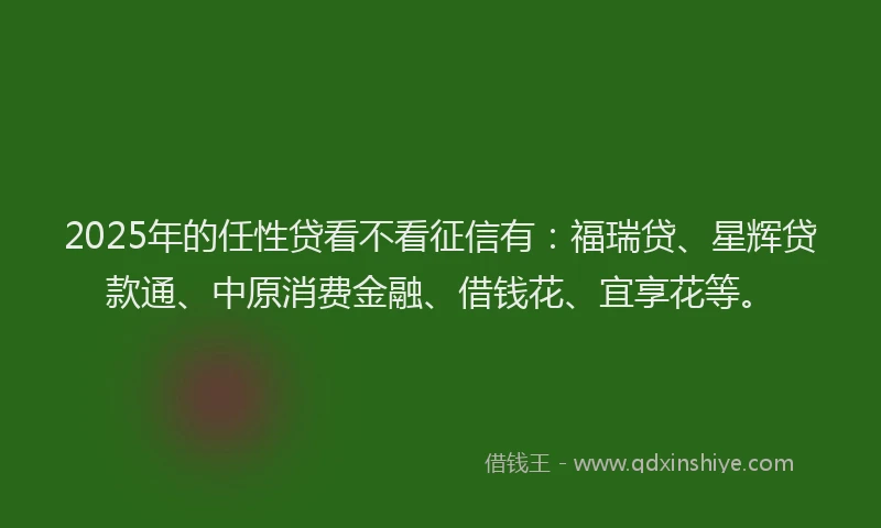 2025年的任性贷看不看征信有：福瑞贷、星辉贷款通、中原消费金融、借钱花、宜享花等。