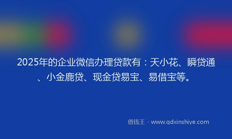 2025年的企业微信办理贷款有：天小花、瞬贷通、小金鹿贷、现金贷易宝、易借宝等。