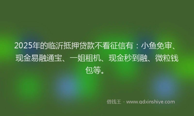 2025年的临沂抵押贷款不看征信有：小鱼免审、现金易融通宝、一姐租机、现金秒到融、微粒钱包等。