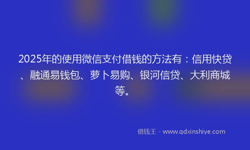 2025年的使用微信支付借钱的方法有：信用快贷、融通易钱包、萝卜易购、银河信贷、大利商城等。