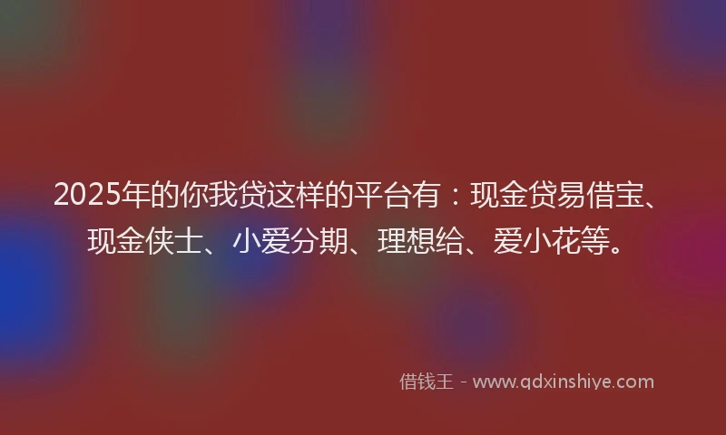 2025年的你我贷这样的平台有：现金贷易借宝、现金侠士、小爱分期、理想给、爱小花等。