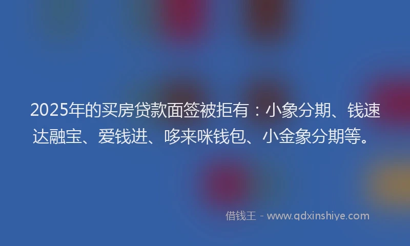 2025年的买房贷款面签被拒有：小象分期、钱速达融宝、爱钱进、哆来咪钱包、小金象分期等。