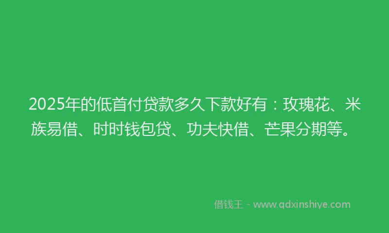 2025年的低首付贷款多久下款好有：玫瑰花、米族易借、时时钱包贷、功夫快借、芒果分期等。
