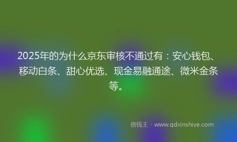 2025年的为什么京东审核不通过有：安心钱包、移动白条、甜心优选、现金易融通途、微米金条等。