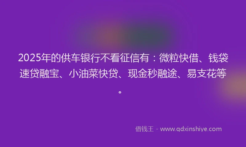 2025年的供车银行不看征信有：微粒快借、钱袋速贷融宝、小油菜快贷、现金秒融途、易支花等。