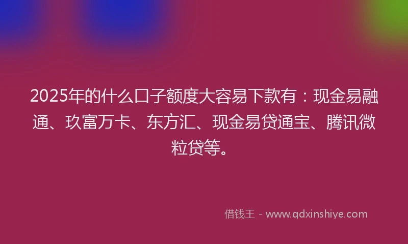 2025年的什么口子额度大容易下款有:现金易融通、玖富万卡、东方汇、现金易贷通宝、腾讯微粒贷等。