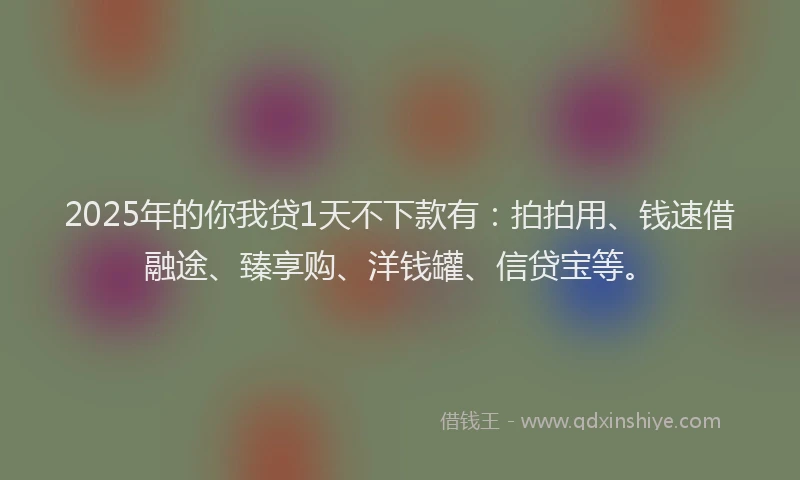 2025年的你我贷1天不下款有：拍拍用、钱速借融途、臻享购、洋钱罐、信贷宝等。