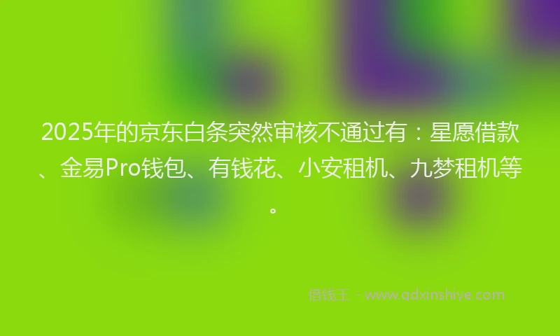 2025年的京东白条突然审核不通过有：星愿借款、金易Pro钱包、有钱花、小安租机、九梦租机等。