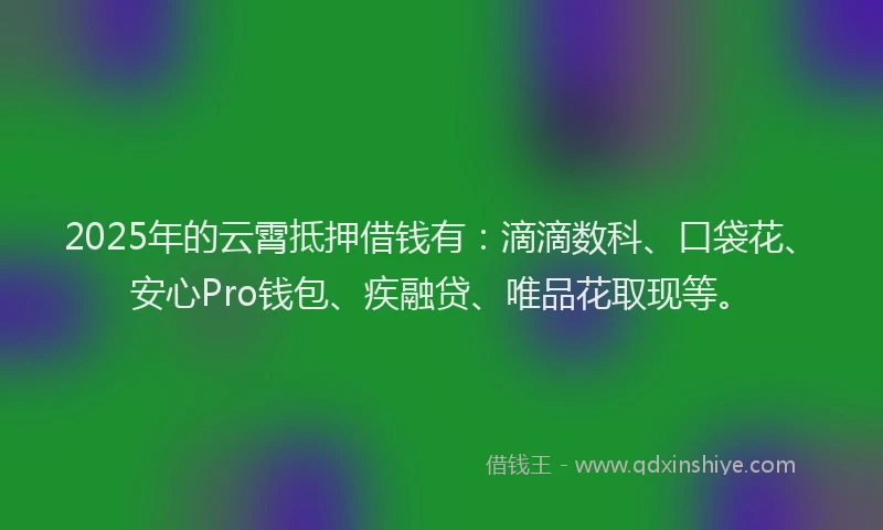 2025年的云霄抵押借钱有：滴滴数科、口袋花、安心Pro钱包、疾融贷、唯品花取现等。