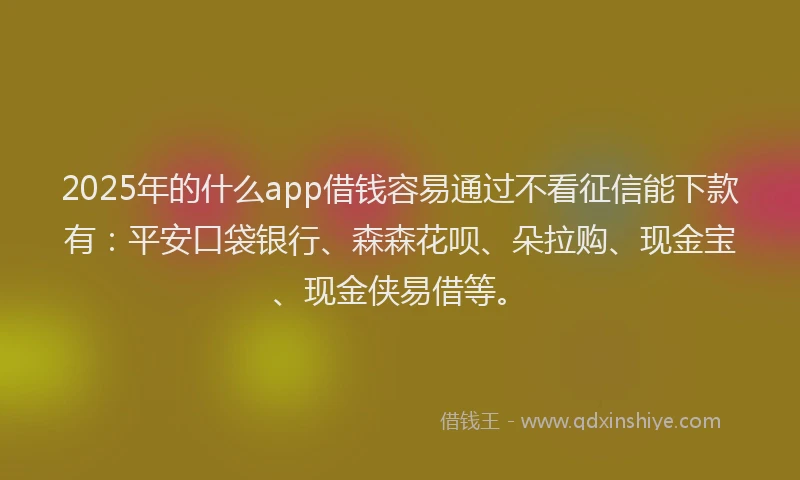2025年的什么app借钱容易通过不看征信能下款有：平安口袋银行、森森花呗、朵拉购、现金宝、现金侠易借等。