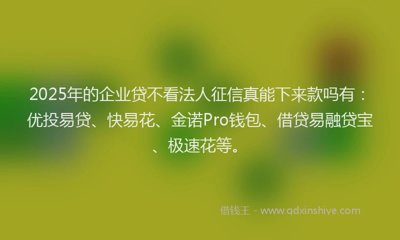 2025年的企业贷不看法人征信真能下来款吗有:优投易贷、快易花、金诺Pro钱包、借贷易融贷宝、极速花等。