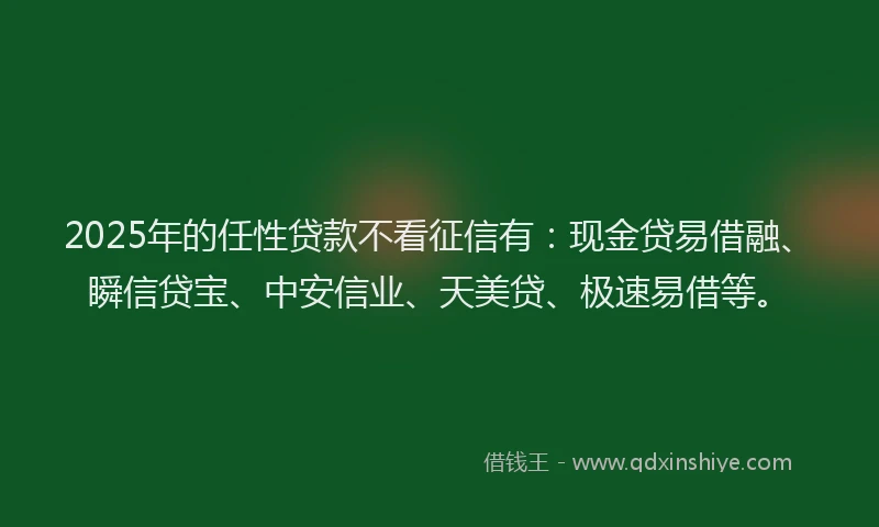 2025年的任性贷款不看征信有：现金贷易借融、瞬信贷宝、中安信业、天美贷、极速易借等。