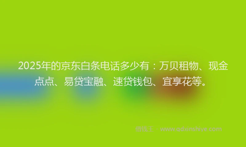 2025年的京东白条电话多少有:万贝租物、现金点点、易贷宝融、速贷钱包、宜享花等。