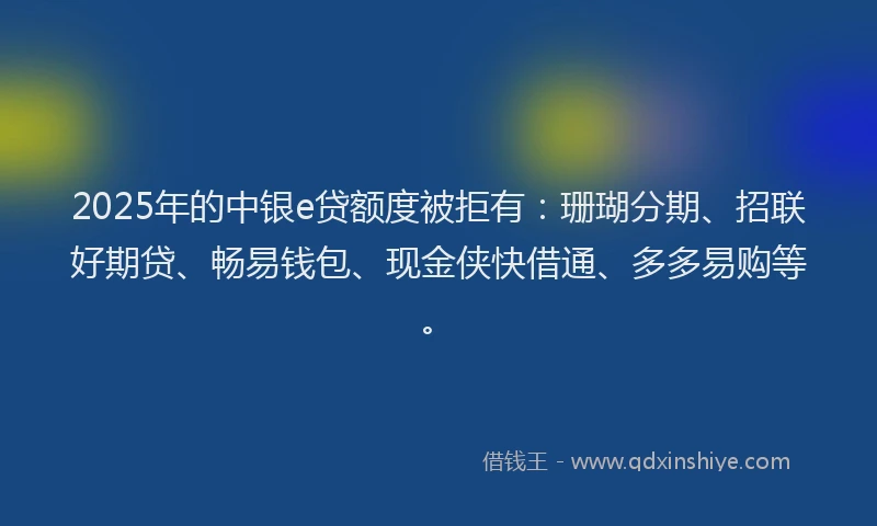 2025年的中银e贷额度被拒有：珊瑚分期、招联好期贷、畅易钱包、现金侠快借通、多多易购等。