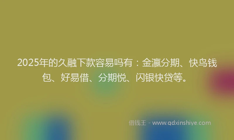2025年的久融下款容易吗有：金瀛分期、快鸟钱包、好易借、分期悦、闪银快贷等。