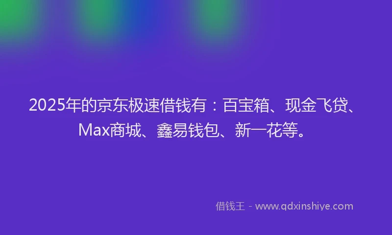 2025年的京东极速借钱有：百宝箱、现金飞贷、Max商城、鑫易钱包、新一花等。