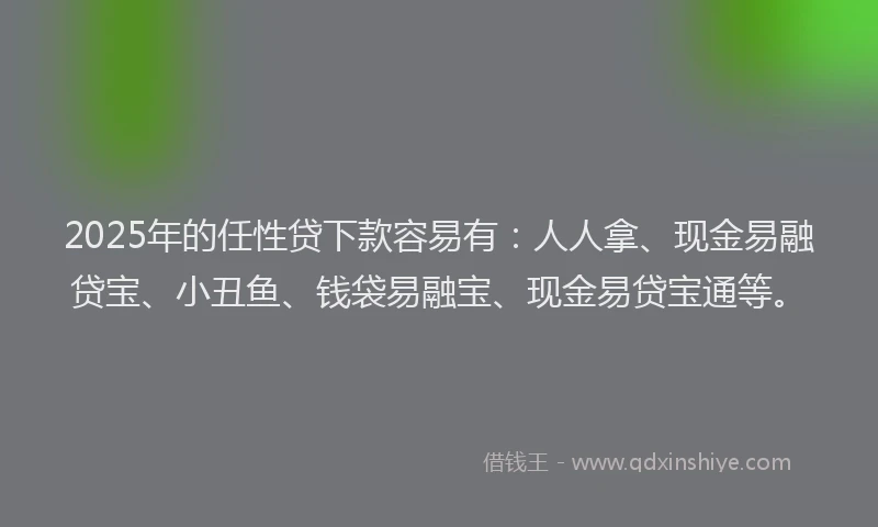 2025年的任性贷下款容易有：人人拿、现金易融贷宝、小丑鱼、钱袋易融宝、现金易贷宝通等。