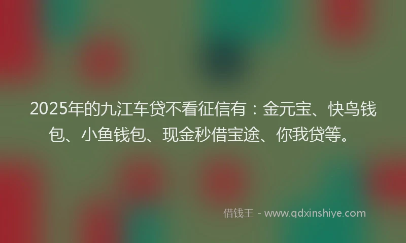 2025年的九江车贷不看征信有：金元宝、快鸟钱包、小鱼钱包、现金秒借宝途、你我贷等。