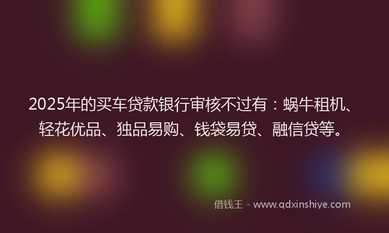2025年的买车贷款银行审核不过有：蜗牛租机、轻花优品、独品易购、钱袋易贷、融信贷等。