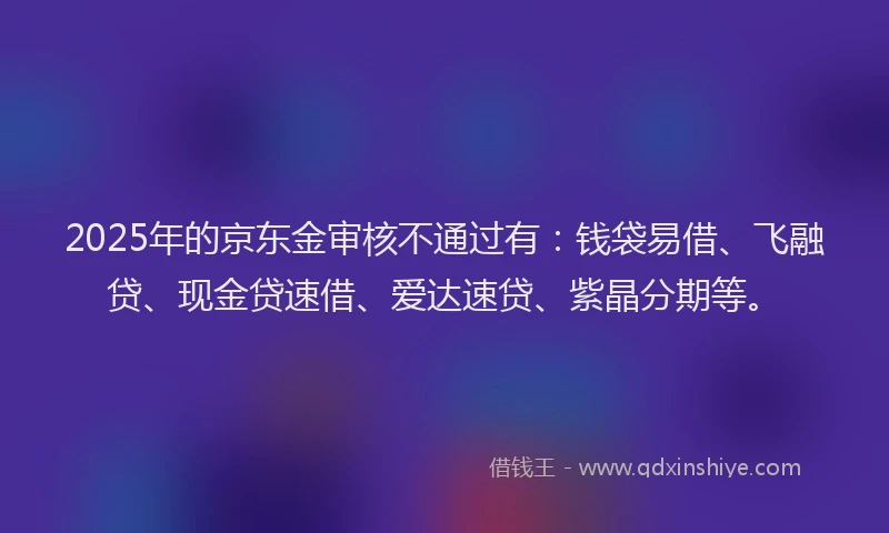 2025年的京东金审核不通过有：钱袋易借、飞融贷、现金贷速借、爱达速贷、紫晶分期等。