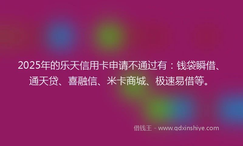 2025年的乐天信用卡申请不通过有：钱袋瞬借、通天贷、喜融信、米卡商城、极速易借等。