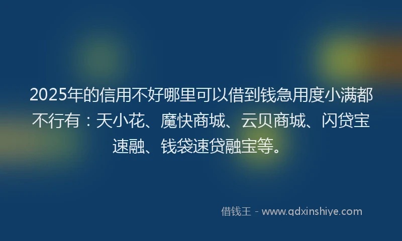 2025年的信用不好哪里可以借到钱急用度小满都不行有：天小花、魔快商城、云贝商城、闪贷宝速融、钱袋速贷融宝等。